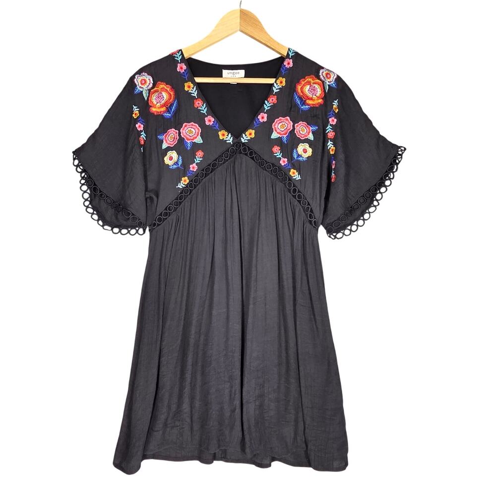 UMGEE USA WOMEN'S EMBROIDERED BOHO MINI DRESS BLACK – SIZE SMALL – FLOWY TUNIC